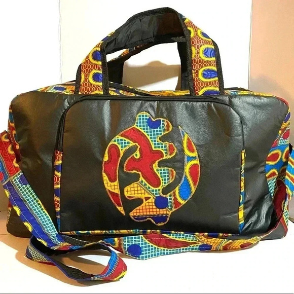 Handcrafted unisex Ankara print vinyl leather duffel weekend travel bag - Picture 1 of 11